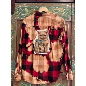 Distressed/ Reworked Flannel| Vintage Kitten Patchwork| Boho Cottagecore| XL
